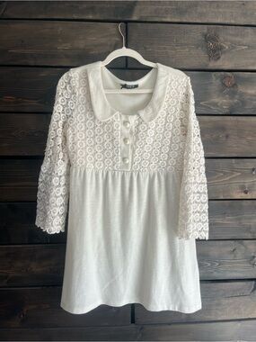 Lace Yoke White Long Sleeve Dress with Peter Pan Collar